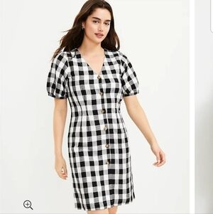 Loft Gingham Linen Blend Button Front V-Neck Dress, size 12